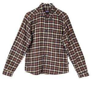 Patagonia Blue Orange Plaid Flannel Shirt Small Button Up Collared Long Sleeve